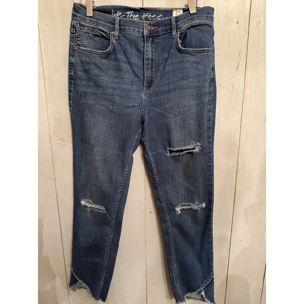 We The Free People Blue Denim Distressed Raw Hem Sunny Mid Rise Skinny Jeans 31‎